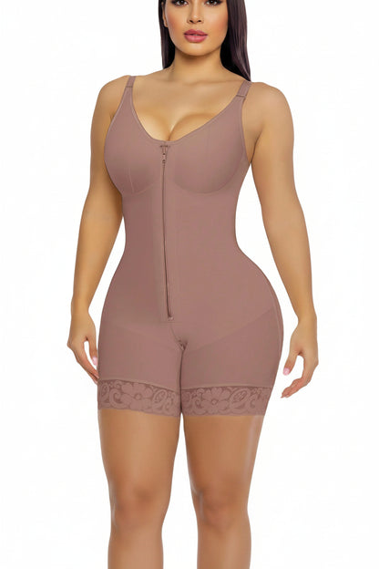 Brown shapewear bodysuit worn by a model on a white background